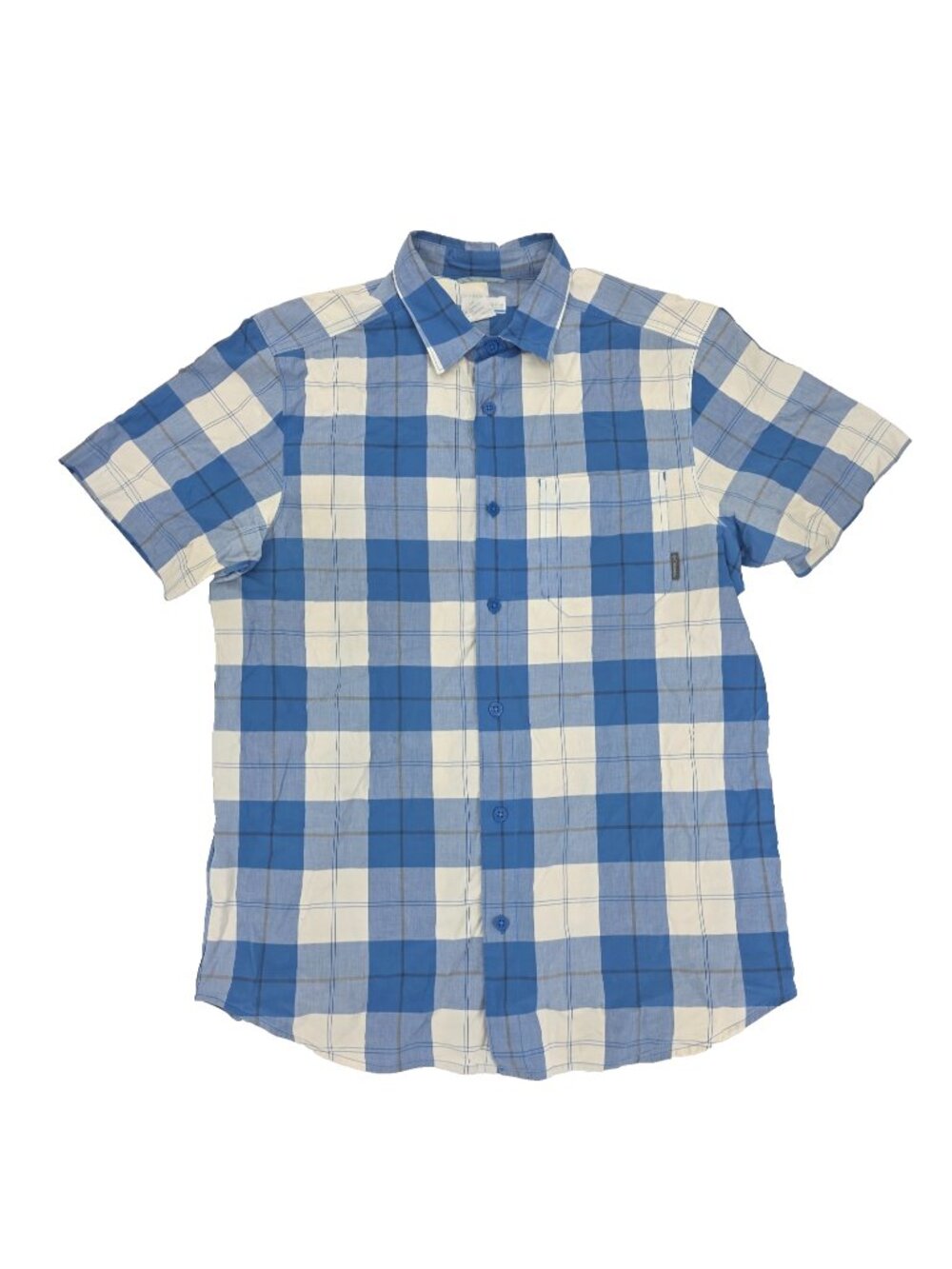 Columbia Button Shirt Mens Medium Blue White Pocket 100% Cotton Plaid Casual